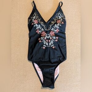 Xhilaration Black Floral Embroidered One Piece Swimsuit Swimwear